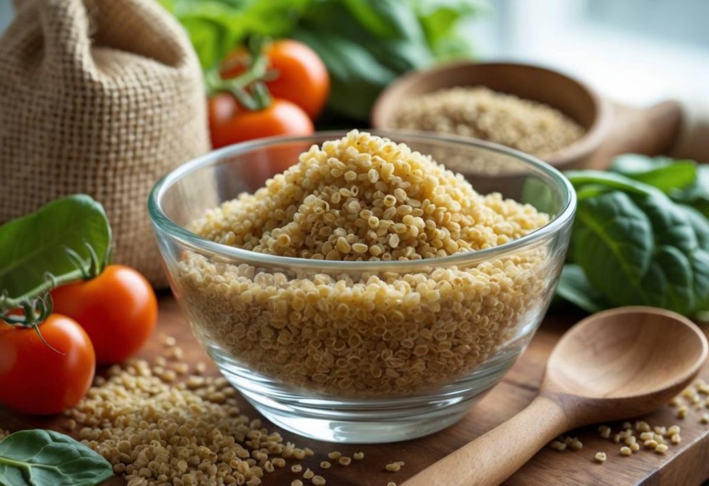 A bowl of cooked quinoa on a wooden countertop surrounded by fresh vegetables and a sack of quinoa seeds.