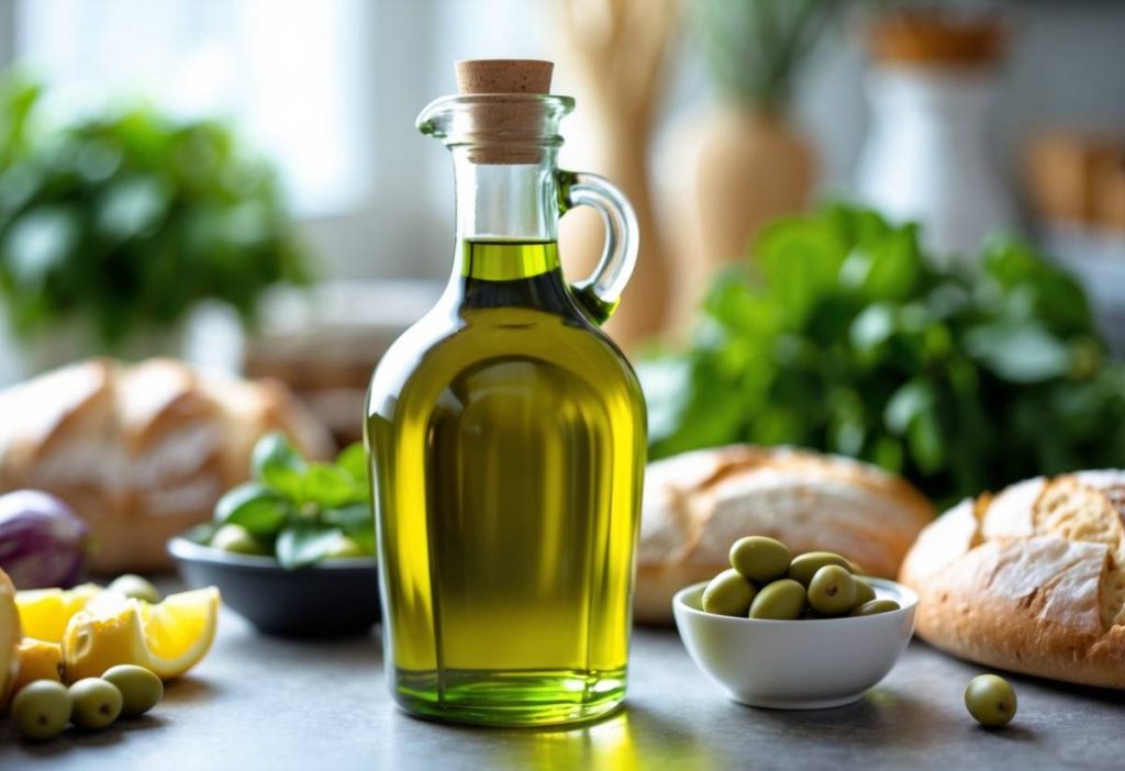 A bottle of extra virgin olive oil on a kitchen countertop surrounded by fresh vegetables, bread, and olives.