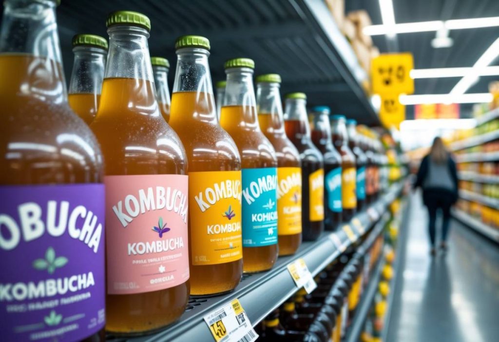 Grocery store shelf displaying various bottles of kombucha with other grocery items and shoppers in the background.