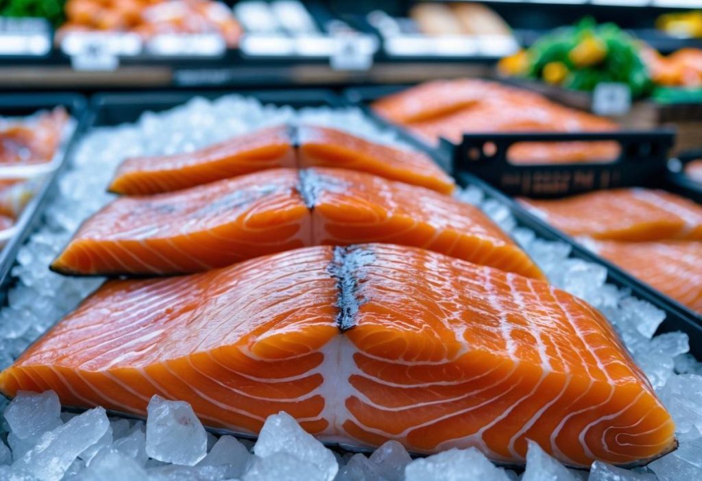 Fresh Alaskan wild salmon fillets on crushed ice in a grocery store seafood display.