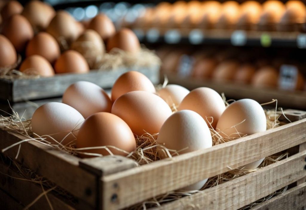 A crate of fresh free-range eggs resting on straw with blurred grocery store shelves in the background.