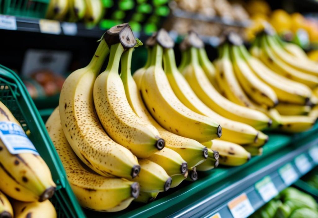 A close-up of ripe Hass bananas displayed in a grocery store produce section with other fresh items blurred in the background.