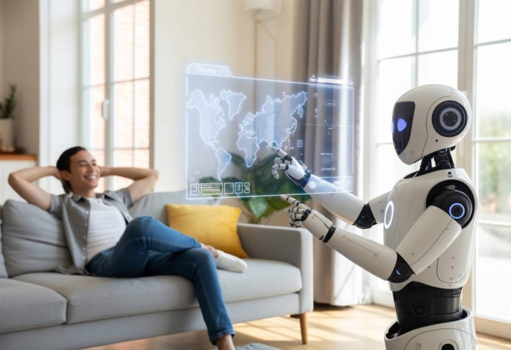 a person relaxing while AI plans their trip